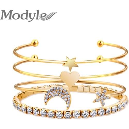 Modyle New fashion jewelry gold color 4pcs/set Love Heart Moon Star Heart Crystal Bracelet Party Jewelry Bracelet set best gifts