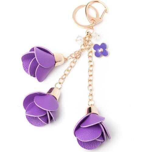 Fashion Charm Leather Rose Flower Keychain Cute Tassel Key Chain Women Bag Car Key Holder Pendant Keying Jewelry Accessories