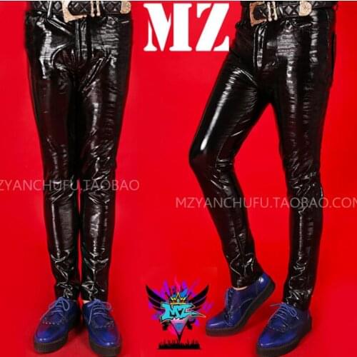 Mens locomotive glossy leather pants Slim black bar patent leather trousers nightclub rock male singer performance pants