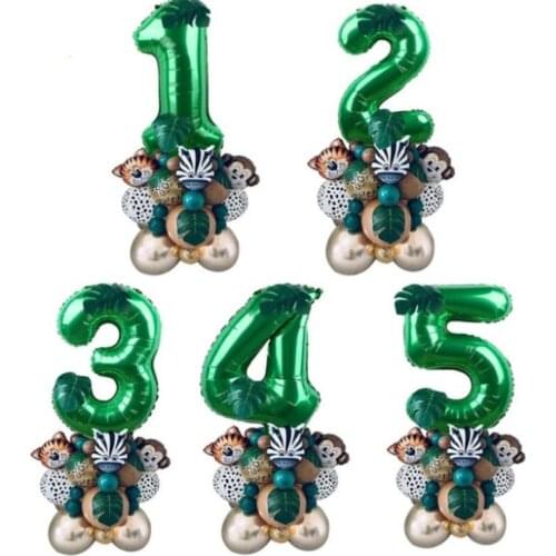 Cartoon Animal Balloon Set Green Forest Animal Theme Childrens Birthday Party Decor Namber Aluminum Foil Balloon Baby Shower