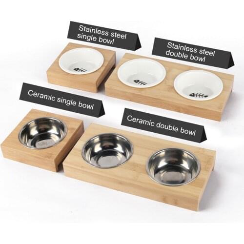 Pet Dog Bowl Cat Bowls Stainless Steel /Ceramic Feeding &Drinking Bowls Combination Bamboo Frame Pet Accessories gifts