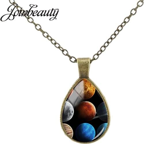 JOINBEAUTY Universe Jupiter Mars Teardrop Necklace Retro Handmade Glass Pendant Antique Bronze Plated Nine Planets Jewelry DR179