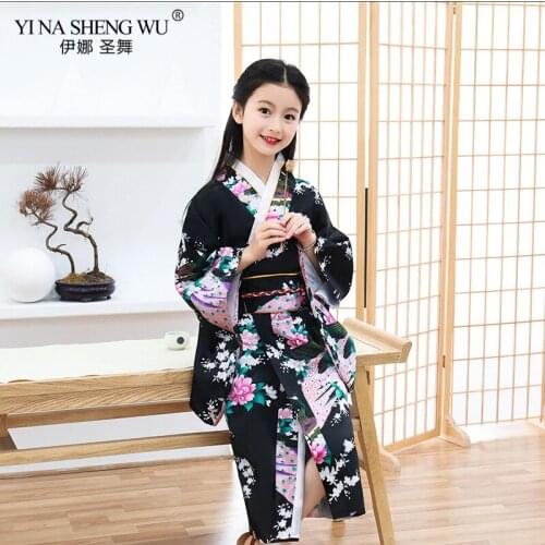Japanese Traditional Kimono Cosplay Costumes Elegant Sakura Suit Print Peacock Children Robe Gown Girls Performance Kimono Dress