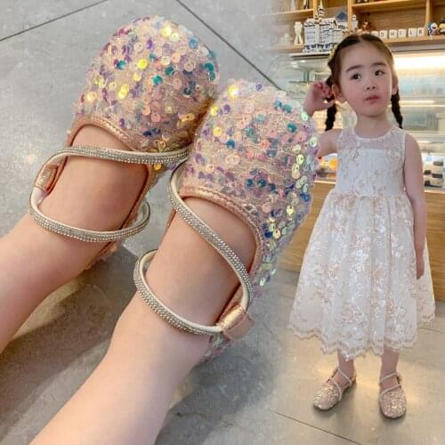 Girls Square Shoes 2021 Summer New Fashion Little Girl Rhinestone Sequin Princess Shoes Soft Sole Performance Shoes Party Shoes