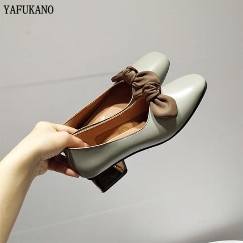 Square Toe Retro Women Single Shoes Elegant Butterfly-Knot Square Mid Heel Pumps Soft Leather Comfort High Heels Leather Shoes