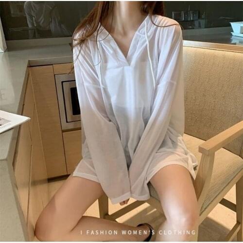 Summer Hoodie Backless Long Casual Beach V-Neck See Through Plus Size Clothing for Women Tops Light Soft Cool Anti-sun Fashion