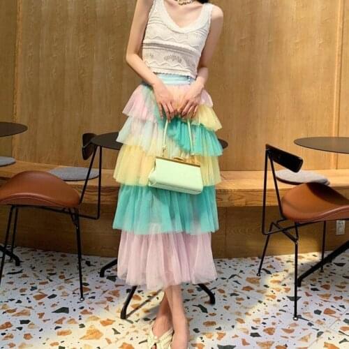 2021 Spring Summer Tulle Skirts jupe femme Long Tiered Tulle Skirts Women Colorful Birthday Female Multilayers Ruffles Skirts