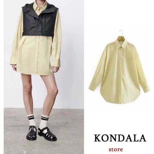 KONDALA Women Shirt Za Fashion 2021 Pocket Stripes Yellow Turn-Down Collar Loose Shirts Female High Street Chic Mujer Tops