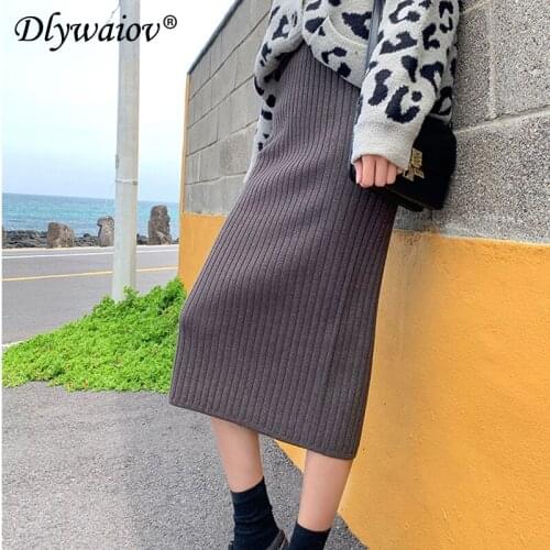 Knitted skirt female autumn winter 2021 new high waist mid-length split one step hip long skirt Women Knit Solid casual Black