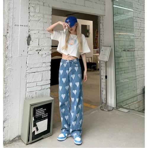 Woman Jeans Heart Print High Waist Clothes Wide Leg Denim Blue Streetwear Vintage 2021 Fashion Harajuku Straight Pants