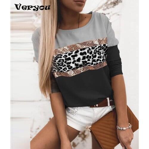 2021 Women Oversize T-shirts Office Sequins Leopard Print T-shirts O-neck Long Sleeve Tops Fashion T-shirt Tops For Women