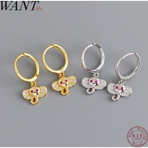 WANTME Real 100% 925 Sterling Silver Cute Luxury Lucky Elephant Small Stud Earrings for Women Punk Fine Jewelry Accessories Gift