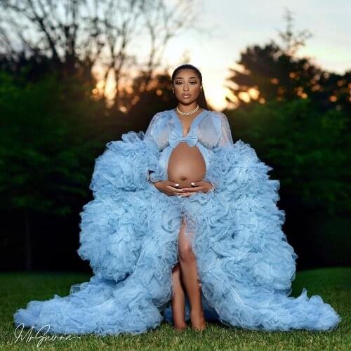 Light Sky Blue Prom Dresses Tulle Maternity Robes Women Photoshoot Bathrobe Fluffy Party Sleepwear Custom Made Gowns 2021