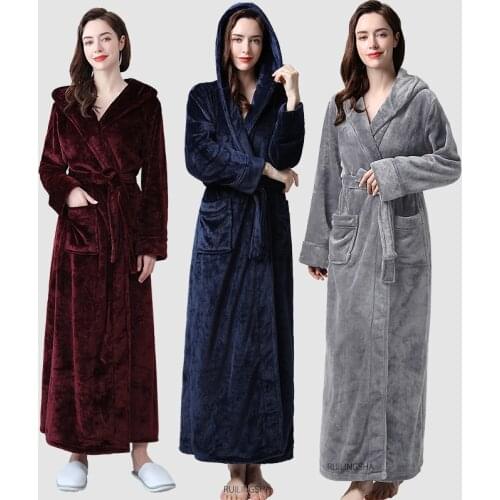 Women Winter Super Long Hooded Thick Warm Flannel Bathrobe Ankle Length Plus Size Robes Coral Fleece Dressing Gown Men Bath Robe