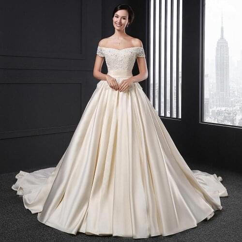 SL027 robe de mariee 2020 vestido de fiesta de boda satin champagne wedding dresses short sleeve sukienka na wesele dla gościa