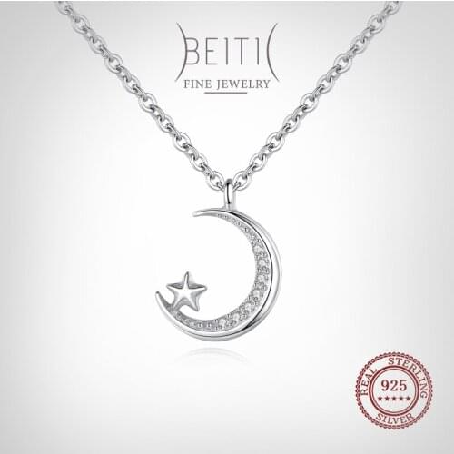 Beitil 100% 925 Sterling Silver Lovely Moon with Star CZ Pendant Necklace For Women Wedding Statement Fine Silver Jewelry