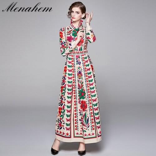 Menahem Autumn Runway Womens Floral Vintage Boho Maxi Dress Robe Femme Flower Print Long Sleeve Elegant Bohemian Vestidos
