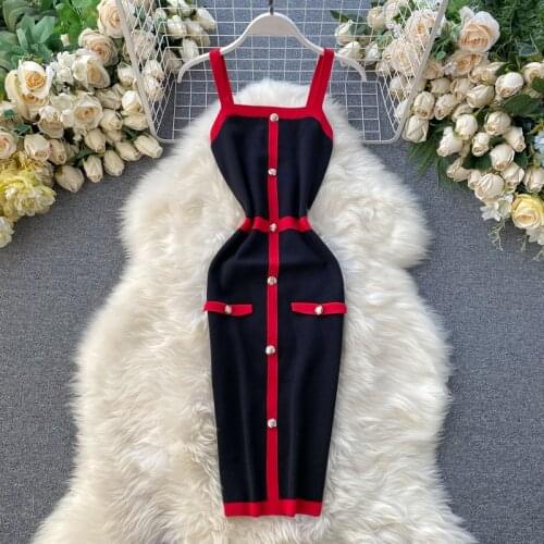 2020 Slim button Summer Sexy Knitted short Dress Spaghetti Strap patchwork dress Women Casual Party Bodycon club sheath dresses
