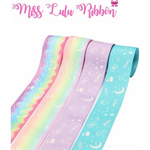 1-1/2"38mm White Ink Printing Glow in the Dark Cartoon Star Moon Love Printed Solid Color Grosgrain Ribbon DIY Bows 50yards/roll