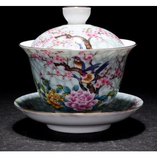 Art Bird Gaiwan Ceramic Porcelain Flower Big Tea Bowl with Saucer Lid Kit Master Tea Tureen Drinkware Gift Home Decor Crafts
