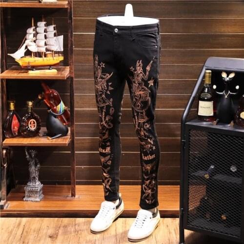 Black Gold Key Chain Print Jeans Homme Slim Fit Vintage Denim Pant Hombre Skinny Social Club Colorful Jean Trousers Men Skinny