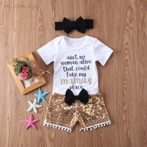 2020 Summer Baby Clothing Baby Girl Boy Clothes Shortsleeve Letter Bodysuit Jumpsuit Sequin Sequin Shorts Pants 3Pcs Outfits Set