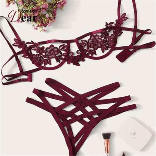 Comeondear Lace Bra Set Straps Womens Underwear Set Hollow Out Sexy Lingerie Set Transparent Open Crotch Bra And Panty Set