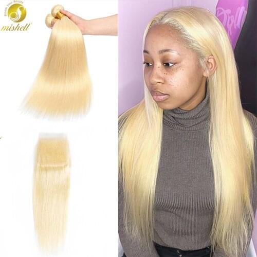 Mishell 613 Human Hair Honey Blonde Bundles With Lace Closure Brazilian Remy Human Hair 613 Transparent Frontal Curly Weave Weft