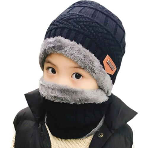 Fashion Kids Winter Warm Knitted Hat Scarf 2Pcs Set Skullies Beanies For 3-12 Years Old Boys Children Outdoor Sport Set