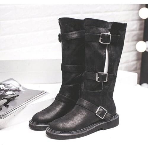 Fashion Women Buckle Designer Mid Calf Boots Motorcycle Leather Flats Safety Shoes Winter Fleece Lining High Top Military Boots