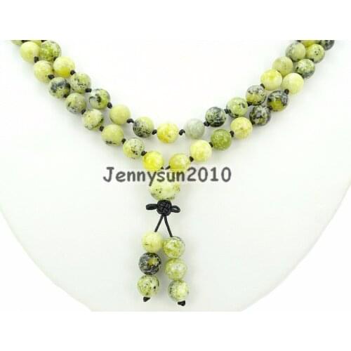 Natural Yellow Tur-quoise 8mm Gems Stone Buddhist 108 Beads Prayer Mala Knot Necklace Multi-Purpose 5Strands/Pack