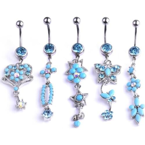 Nature Blue Crystal Stone Zircon Pendant Navel Piercing Stainless Steel Heart Belly Button Rings Sexy Lady Body Jewelry