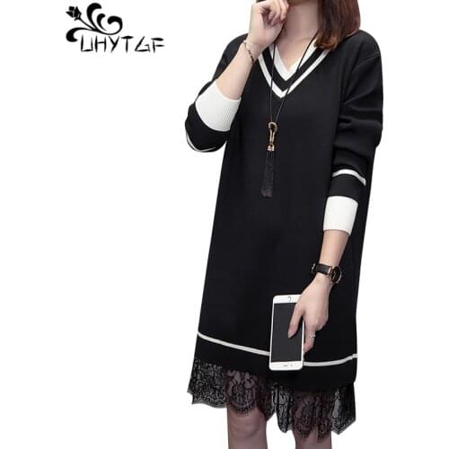 UHYTGF Women Long Sleeve Sweater Dress Womens Lace Splice Hem Plus Size Autumn Winter Dress Women Elegant Knitted Dresses X646