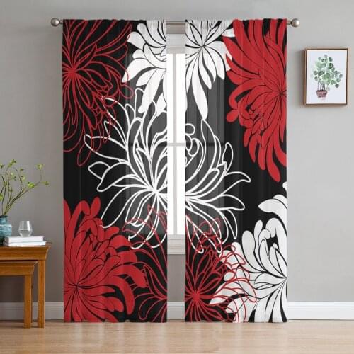 Flower Red White Black Chrysanthemum Sheer Curtains for Living Room Kitchen Tulle for Windows Voile Yarn Curtains for Bedroom