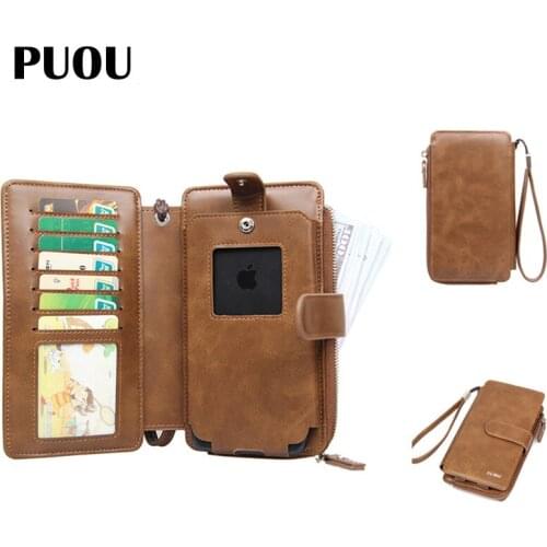PUOU Vintage Men Wallets Long Style Card Holder Male Purse Zipper Large Capacity Clutch Business Male Wallet Card Holder