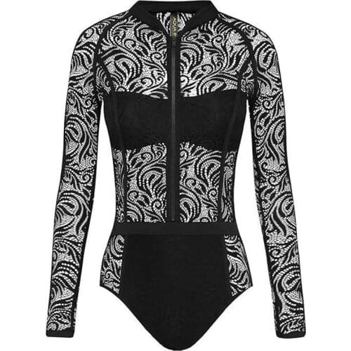 Retro Black Conservative Swimsuit Zip Monokini High Neck Lace Mesh Bodysuit Vintage Embossed Lace Up Plunging One Piece Swimwear