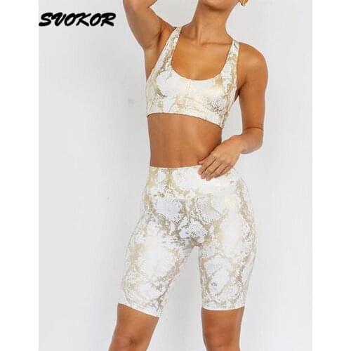 SVOKOR Snake Shorts Gym Sets Bronzing Printed Sports Suit Summer Workout Shorts Sportswear Running Sports Bra Fitness Yoga Set