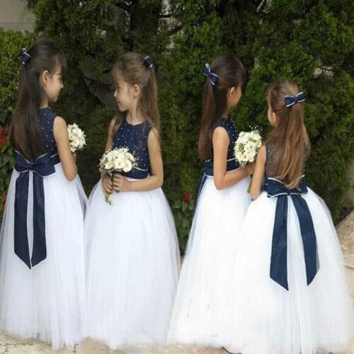 Navy Blue Flower Girl Dresses For Weddings White Tulle Fluffy First communion Dress For Girls pageant Party Dresses
