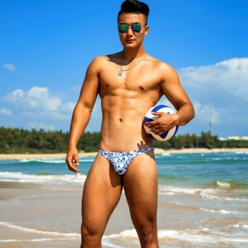 WD252 sexy blue prited gay men thong swimsuits bikinis hot swim briefs tight low waist men swimwear swim trunks bathing suits