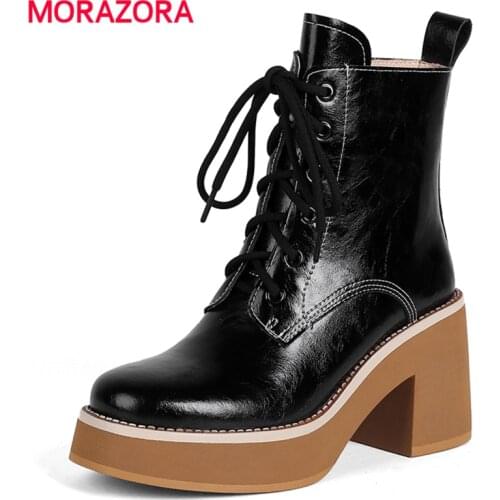MORAZORA 2022 New Genuine Leather Ankle Boots For Women Lace Up Thick Bottom Platform Boots Autumn Winter Shoes Short Botas