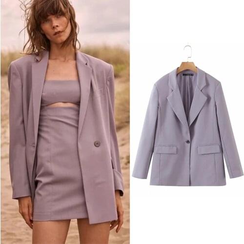 WESAY JESI Za Women England Style New Purple Solid Long Blazer Women Blazers and Jackets+Sling Cutout Dress Two Piece Suits