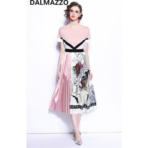 S-2XL Womens Skirt Summer Suits Clothes Stitching Color Knit Pullovers Tops + Printed Pleated Long Skirt 2 Pieces Sets Femme