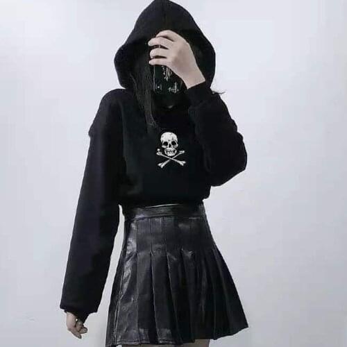 Skull Short Hoodie Women Crop Top Long Sleeve Punk Clothes Harajuku Cotton Hoodie Girls Streetwear Cotton Sweatshirt Women 2021