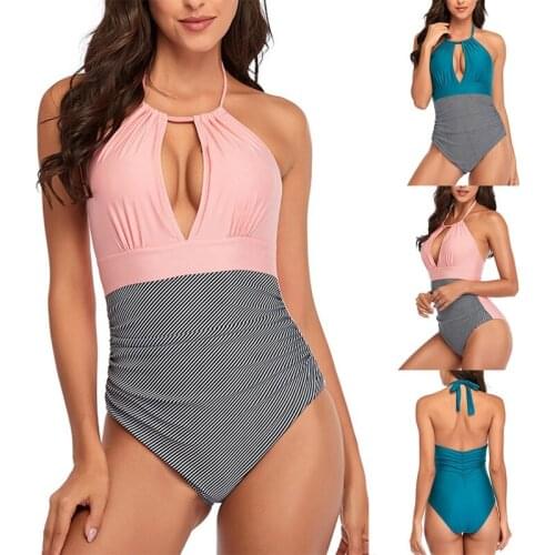 Womens Fashion Sexy Deep V Solid Color Stitching Bikini One-Piece Swimsuit