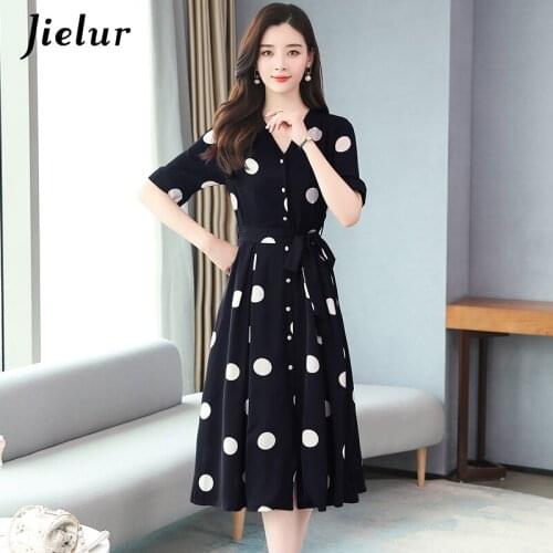 Jielur Dot Summer Dress Black High Waist Short Sleeve Chic V-neck Women Dress Chiffon A-line Elegant Vestidos Slim Robe Femme
