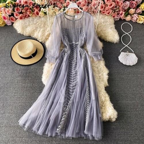 Maxi Dresses for Women Summer Elegant Fashion O Neck Long Sleeve Mesh Sexy Dress Vintage Vestido De Mujer Y2k Clothing Women