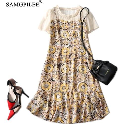 Summer Clothes For Women Korean Flower Pattern Patchwork Trumpet Mermaid Fake Two-piece Slim Knee Length Chiffon Woman Dresses