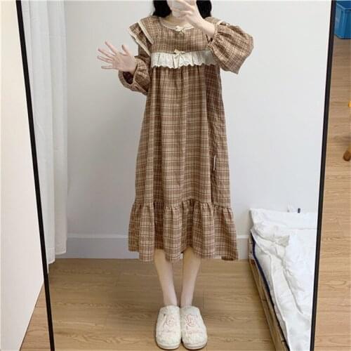 Women Spring Sleeping Dress Chic Checkered Nightdress Plaid Nightgown Lace Ruffles Retro Sleepdress Loose Casual Lady Long