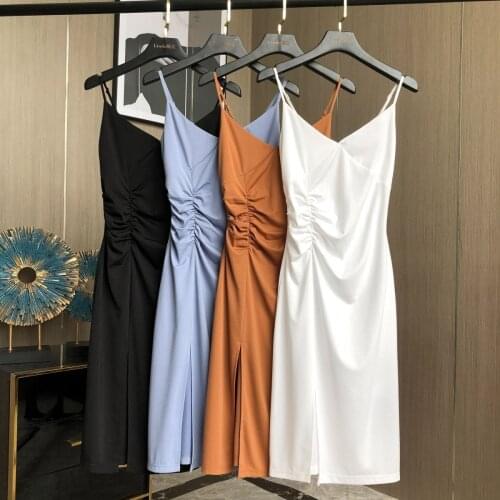 2021 Women Summer New Solid Color Spaghetti Strap Dress Female Fashion Vintage Split Sleeveless V-neck Strap Beach Dresses L159