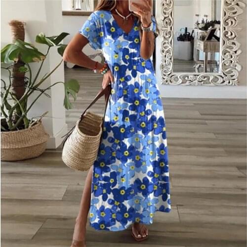 Summer Fashion Floral Print Boho Style 2021 Womens Short-sleeved V-neck Dress for Women Beach Party Sexy Split Dress Vintage